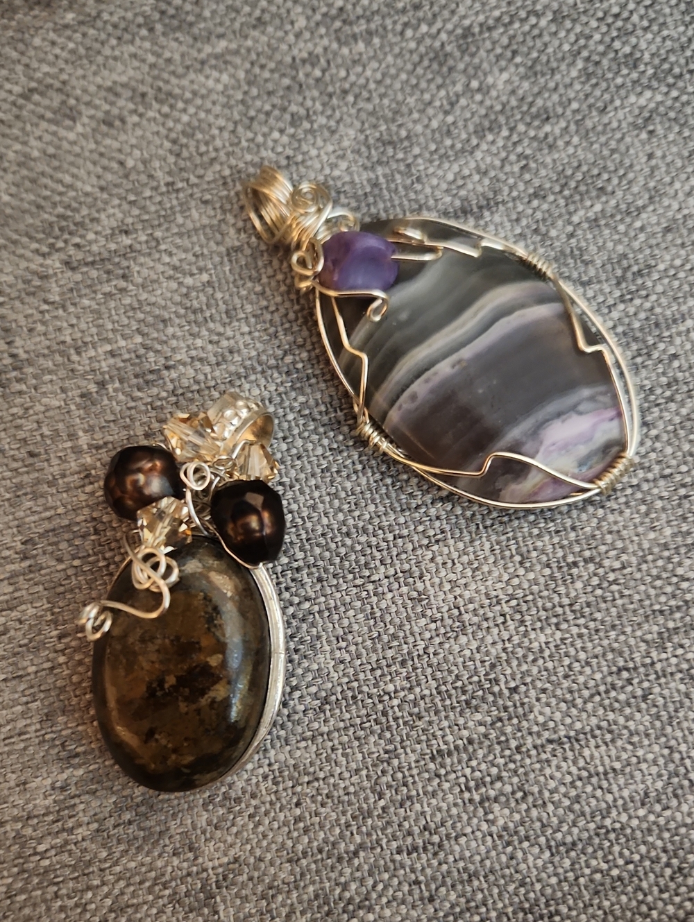 Handcrafted Wire-Wrapped Pendants- Violet Agate & Brown Jasper Quartz